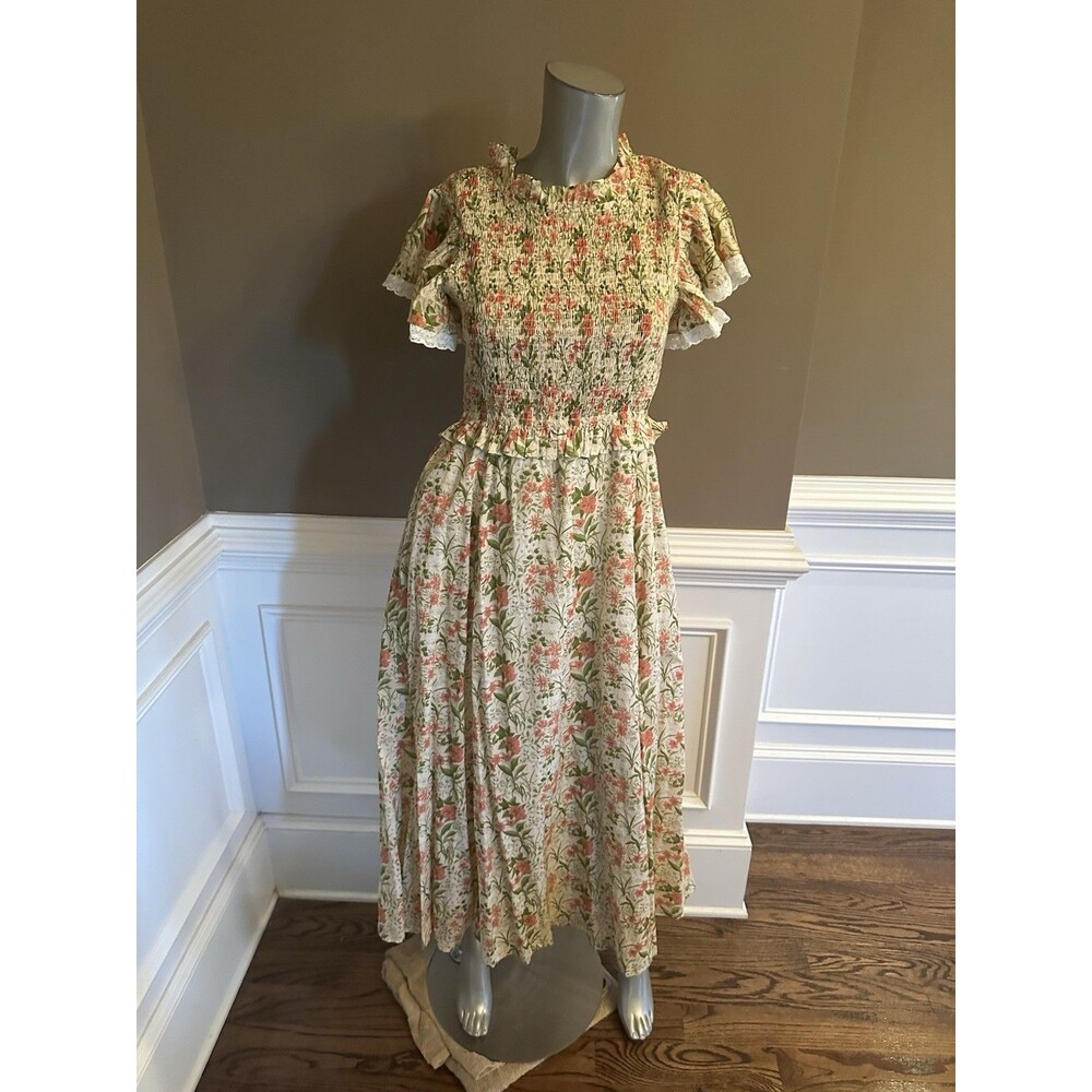 Olivia James The Label Midi Beige Floral Smocked Dress Sz Small